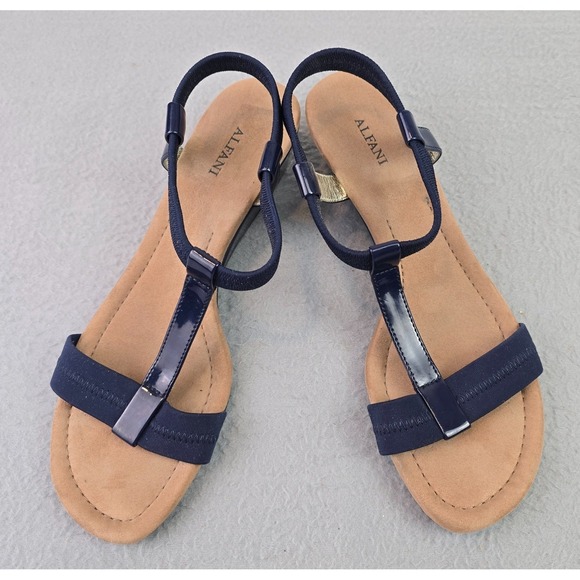 Alfani Shoes - Alfani Size 10 Navy Blue T-Strap Wedge Sandals Comfort Slip-On Stretch Slingback